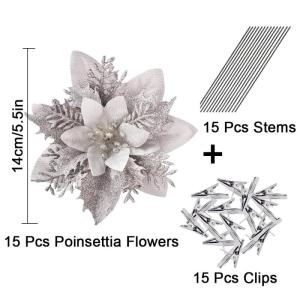 Kunstbloemen, Poinsettia, glitter, kerstbloemen met clips, kerstbloemen, ornamenten voor doe-het-zelf kransen, slinger, huis, feest, vakantie, decoratie, 15 stuks, 14 cm, zilver