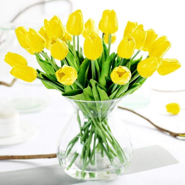 10 stuks PU Real Touch Latex Kunstmatige tulpen neptulpen bloemen boeketten bloemenarrangement voor huis kamer bruiloftsboeket middenstuk, geel