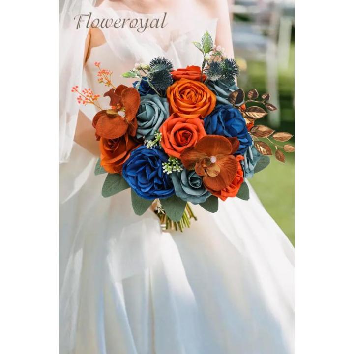 Künstliche Blumen Combo Königsblaue Blumen Mix Seidenblumen Orchideen Rosen mit Stielen für DIY Hochzeit Brautsträuße Babyparty Blumenarrangement Tischaufsätze Heimdekoration