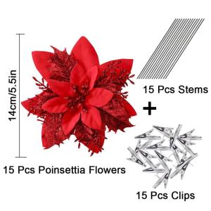 Kunstbloemen, Poinsettia, glitter, kerstbloemen met clips, boomversiering, ornamenten voor doe-het-zelf kransen, slinger, huis, feest, vakantie, decoratie, 15 stuks, 14 cm, rood
