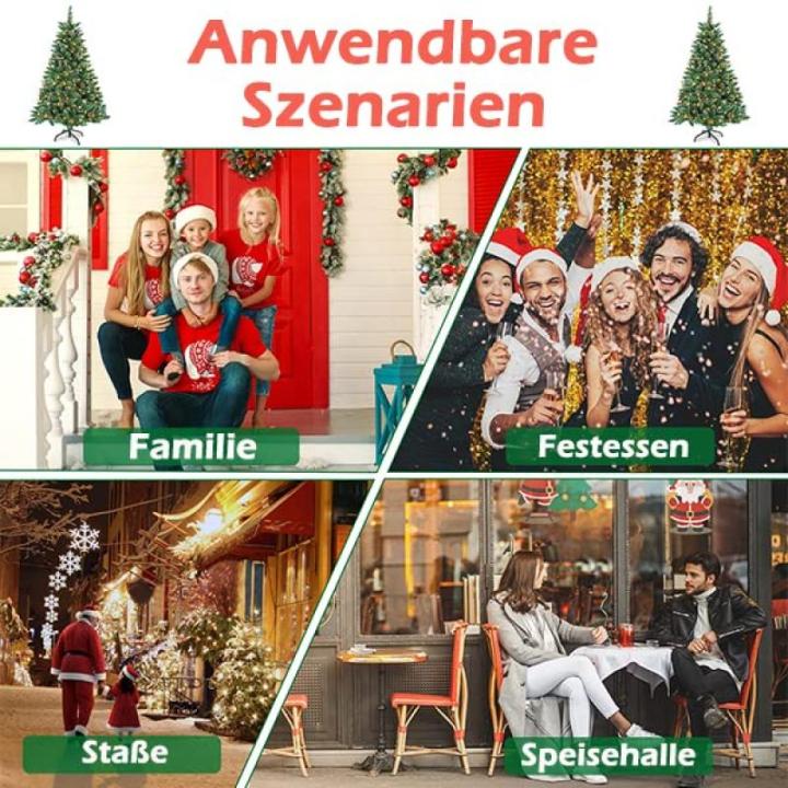 Kunstkerstboom, dennenboom met verlichting, 350 leds, warm wit, incl. metalen standaard, 820 takken, pvc-kerstboom voor kerstdecoratie (180 cm, sneeuweffect, dennenappels + led)