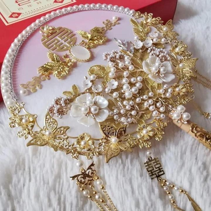 Chinese Bruids Fan Boeket Kunstbloemen Parels Bruiloft Decoratieve Bruid Fotografie Ornamenten Home Decor (Argento)