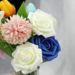 Kunstbloemen, rozen, 25 stuks kunstrozen met steel, doe-het-zelf decoratie, voor bruiloft, boeketten, bruid, woondecoratie, ivoor en blauw