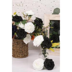 Kunstbloemen, rozen, 25 stuks, kunstrozen met stelen, kunstbloemen voor doe-het-zelf bruiloft, boeketten, bruid, babyshower, woondecoratie, wit en zwart