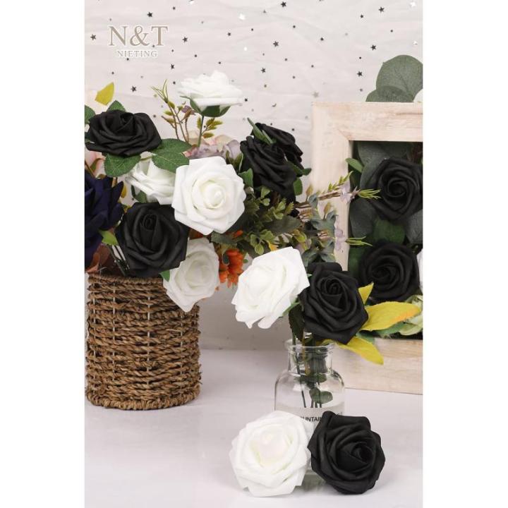 Kunstbloemen, rozen, 25 stuks, kunstrozen met stelen, kunstbloemen voor doe-het-zelf bruiloft, boeketten, bruid, babyshower, woondecoratie, wit en zwart