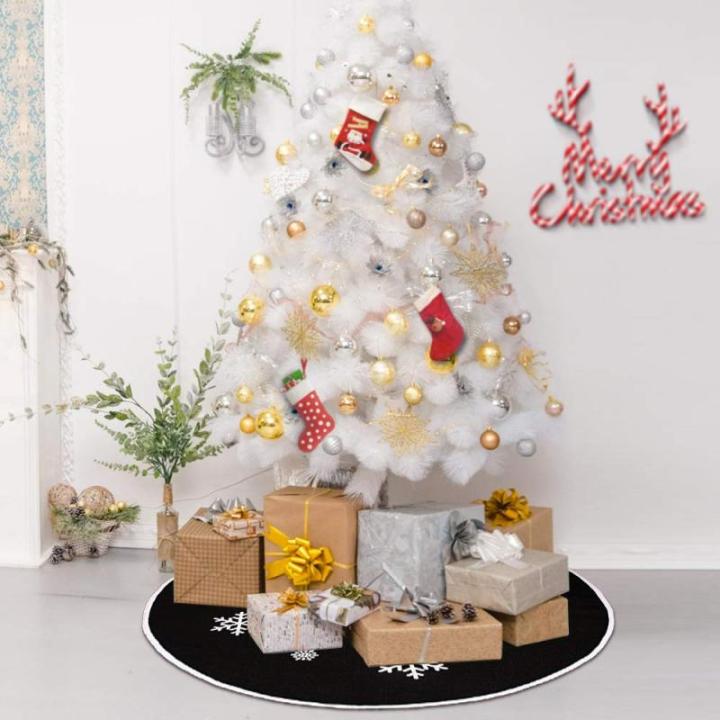 Zwarte kerstboomrok, witte sneeuwvlok, bedrukt, jute kerstboomtapijt, ornamenten, decoratie voor Kerstmis (76 cm)