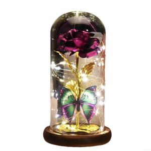 Ewige Rose im Glas mit Licht, Weihnachtsglasabdeckung, simulierte Rosenlichtdekoration, Geburtstagsgeschenk für Frauen Hochzeit Jahrestag Valentinstag(Lila)