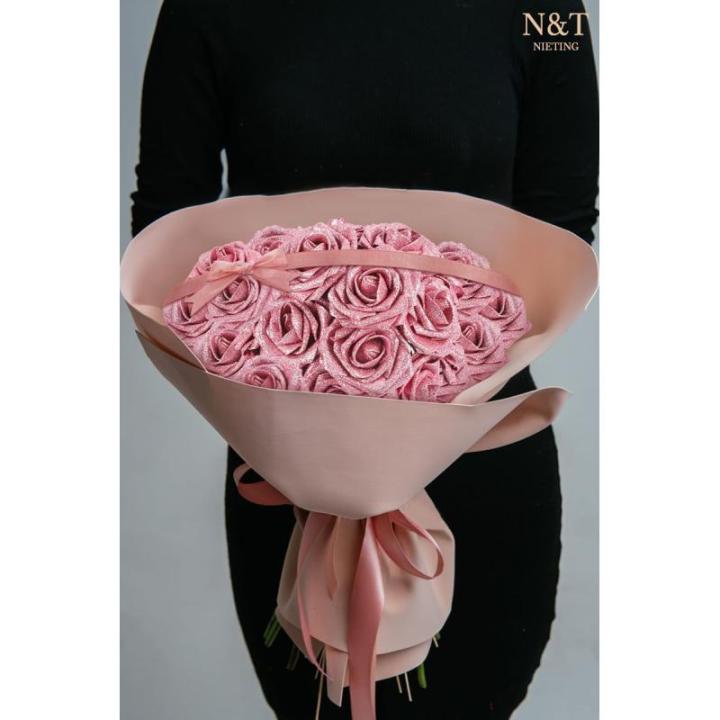 Kunstglitterbloemen, 25 stuks kunstrozen, doe-het-zelf bloemen met steel, voor bruiloft, boeketten, middenstukken, arrangement, feest, babyshower en woondecoratie (roze)