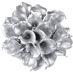 Künstliche Calla-Lilien aus Silber, 24 Stück, silberfarbene Blumen für selbstgemachte Hochzeitssträuße, Tafelaufsätze, Brautparty, Party, Zuhause, Blumenarrangement, Dekorati