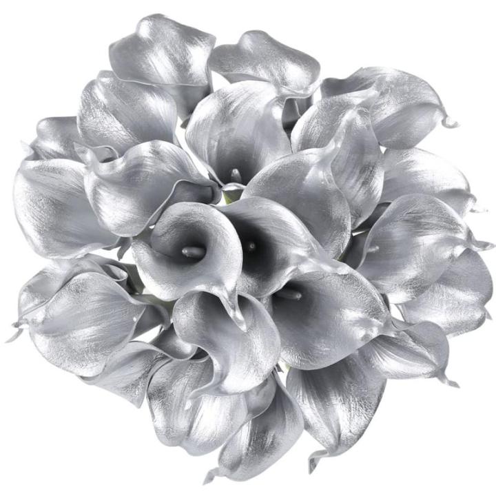Künstliche Calla-Lilien aus Silber, 24 Stück, silberfarbene Blumen für selbstgemachte Hochzeitssträuße, Tafelaufsätze, Brautparty, Party, Zuhause, Blumenarrangement, Dekorati