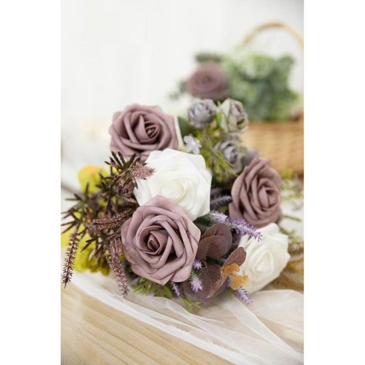 Kunstbloemen, rozen, 25 stuks kunstrozen met stelen voor Valentijnsdag, bruidsfeesttafels, boeketten, bruid, woondecoratie, stofroze paars