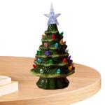 Grüner 10,5 x 18,8 cm großer Keramik-Weihnachtsbaumschmuck, handbemalter Keramik-Baum, beleuchteter Feiertagsmittelaufsatz mit bunten Lichtern