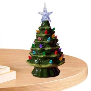 Grüner 10,5 x 18,8 cm großer Keramik-Weihnachtsbaumschmuck, handbemalter Keramik-Baum, beleuchteter Feiertagsmittelaufsatz mit bunten Lichtern