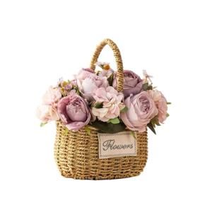 Kunstblumen Künstliche Blumen mit Vase, künstliche Hortensien mit Stroh-Handblumenkorb, künstliche Pflanzen-Dekor – Seidenrosen-Ornamente für jeden Anlass