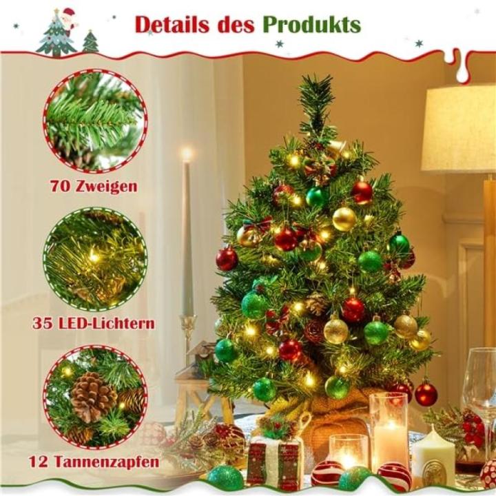 Set van 2 61 cm mini-kunstkerstboom met 35 warmwitte ledlampen en 12 dennenappels, kleine kerstboom, tafel, dennenboom voor kerstdecoratie, groen