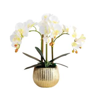 Kunstblumen Phalaenopsis-Kunstblumen-Arrangement, Simulationsblumen-Tischdekorationszubehör mit vergoldetem Keramiktopf für jeden Anlass