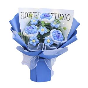 Gehäkelter Blumenstrauß mit Licht, Fertig Gestrickter Strauß, Kunstblume, Handgemachter Strickstrauß Zum Valentinstag, Blau