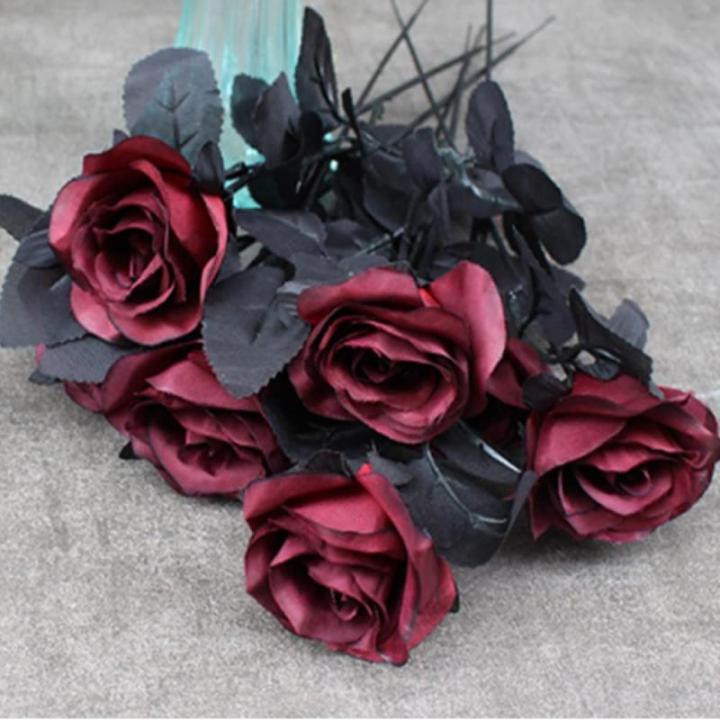 8 stks kunstmatige roos bloem, geen vervagen zwarte rozen, , enkele stam nep zijde bloemen realistische bloesem flora voor DIY thuiskantoor, feestdecoratie bruids bruiloft boeket H