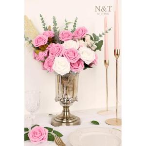 Kunstbloemen, 25 stuks echte rozenblaadjes met steel, voor doe-het-zelf bruiloftsboeketten, bruidsfeest, bloemstukken, feesttafels, woondecoraties, roze