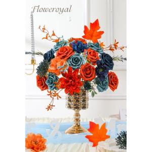 Künstliche Blumen Combo Orange Blumen Mix Seidenblumen Dahlie Rosen mit Stielen für DIY Hochzeit Brautsträuße, Babyparty, Blumenarrangement, Tischaufsätze, Heimdekorationen