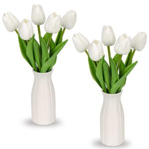 Kunstbloemen, kunsttulpen, net als echte echte tulpen, hoogte 30 cm, met vaas van keramiek, decoratieve kunstplant (wit)