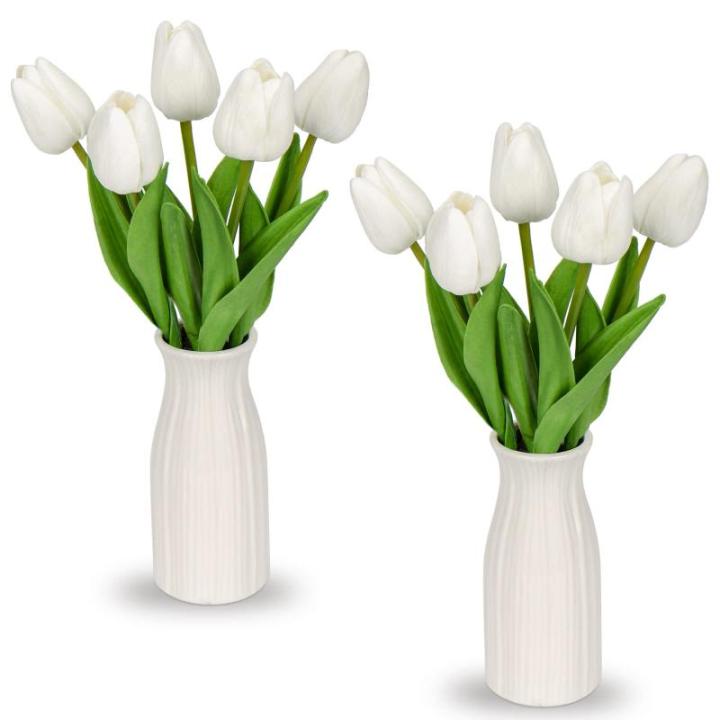 Kunstbloemen, kunsttulpen, net als echte echte tulpen, hoogte 30 cm, met vaas van keramiek, decoratieve kunstplant (wit)