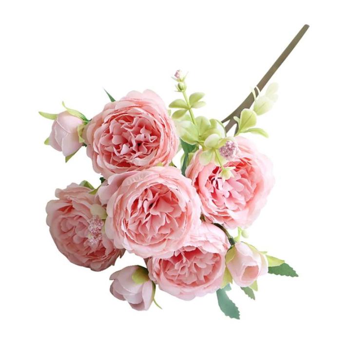 Simulation Blumenstrauß,Künstlicher Blumenstrauß Pfingstrose, 5er-Bouquet, echte Seidenblumen mit Stiel, cremefarbene Kunstblumen als Dekoration in großen Mengen(Dark Pink)