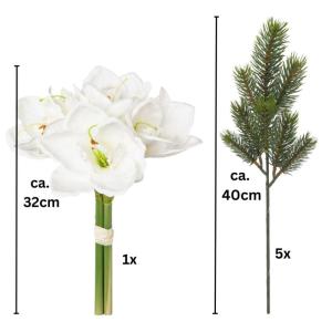 Künstlicher Adventsstrauß, Weihnachtsgesteck mit Amaryllis und Tannenzweige, Tischdekoration, künstliches Blumengesteck für Winter. Weihnachtsdekoration Weiß