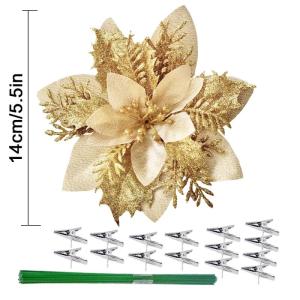 15 Stuks 14 CM Kerst Kunstkerstster Bloemen Glitter met Clips Stengels Kerstboom Ornamenten voor Krans Feest Bruiloft Nieuwjaar Decoratie (Goud)