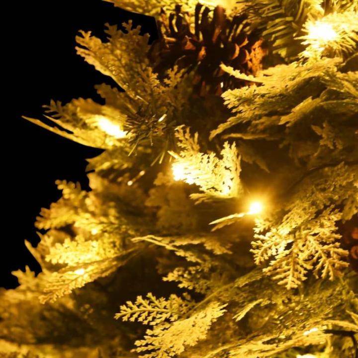 Künstlicher Weihnachtsbaum mit LED Beleuchtung Weihnachtsbaum mit Schnee mit Tannenzapfen Grün und Weiß PVC 120 x 65 cm
