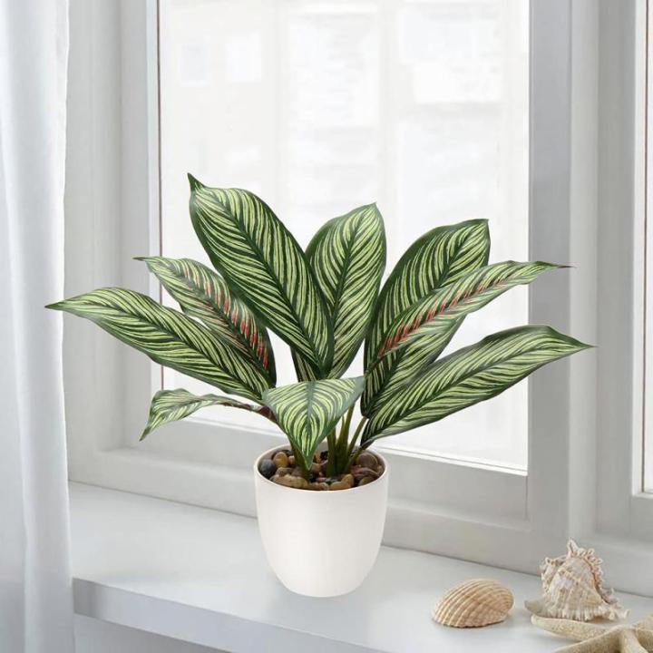 Künstliche Calathea Zimmerpflanze Kunstpflanze Buschig mit 8 gefärbten Blättern im Kunststofftopf, Höhe 33cm, Grün-Rot