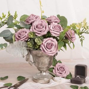 Kunstbloemen, rozen, 25 stuks kunstrozen met stelen voor Valentijnsdag, bruidsfeesttafels, boeketten, bruid, woondecoratie, stofroze paars