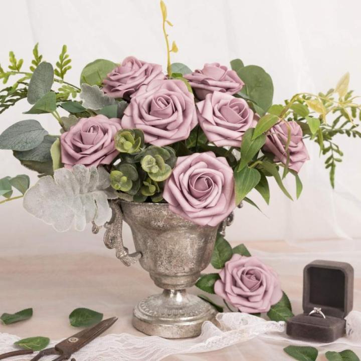 Kunstbloemen, rozen, 25 stuks kunstrozen met stelen voor Valentijnsdag, bruidsfeesttafels, boeketten, bruid, woondecoratie, stofroze paars