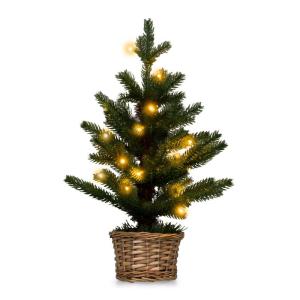 Kunstkerstboom, 48 cm, kleine kerstboom met 20 warmwitte ledlampen, tafelkerstboom met 96 takken, dennenboom, mini-kerstboom met timer en wilgenhouten pot
