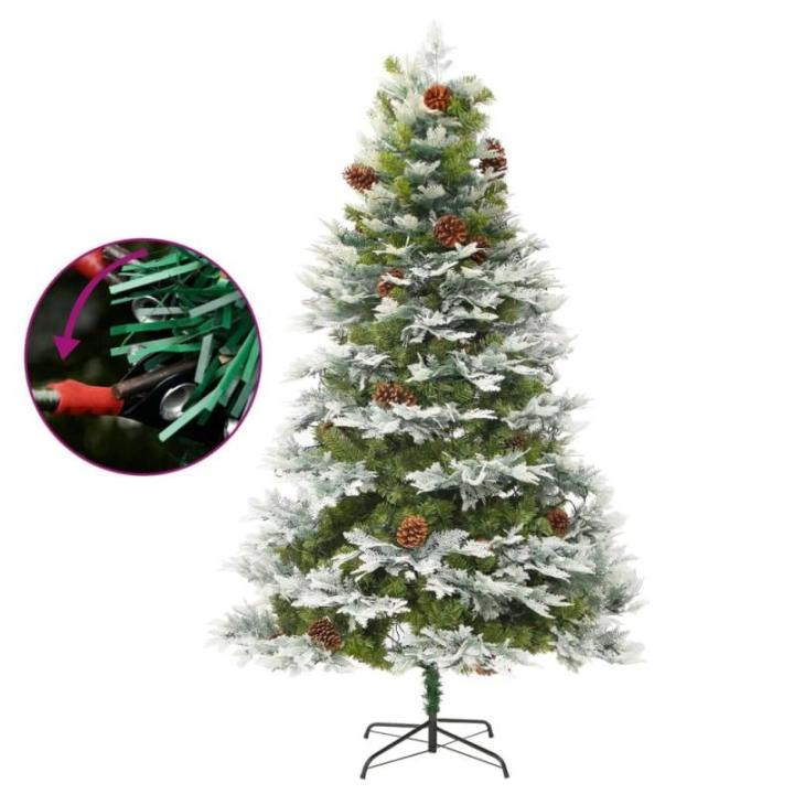 Künstlicher Weihnachtsbaum mit LED Beleuchtung Weihnachtsbaum mit Schnee mit Tannenzapfen Grün und Weiß PVC 225 x 120 cm