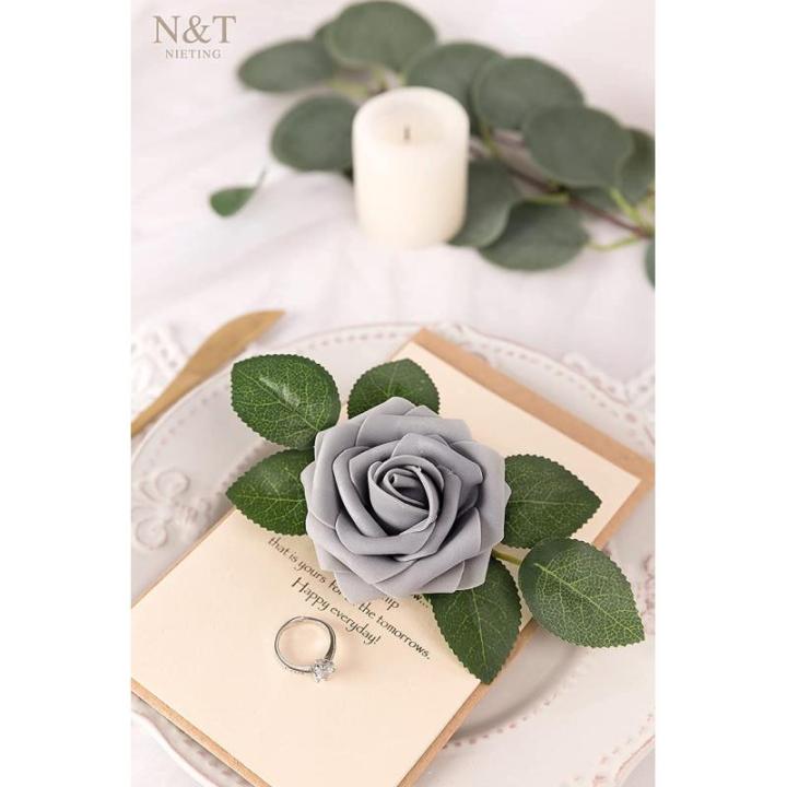 Kunstbloemen, rozen, 25 stuks, kunstbloemen, schuimrozen, namaakrozen met steel, doe-het-zelf, bruiloft, boeketten, bruid, woondecoratie, grijs