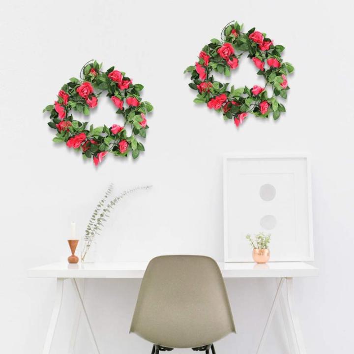 guirlande met kunstrozen, 2 stuks, 220 cm, hangende bloemen van zijde voor outdoor, indoor, bruiloft, badkamer en wanddecoratie (roze/rood)