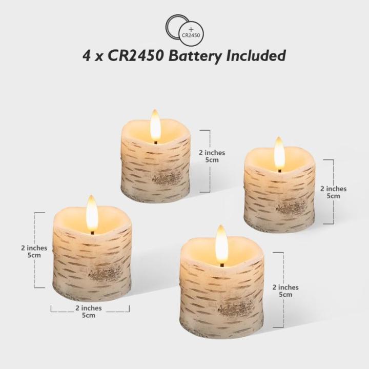 4 Witte Berken LED Kaarsen met Timerfunctie, Vlamloze Votiefkaarsen gemaakt van echt wax voor bruiloften, Batterij-aangedreven theelichtjes voor Kerstmis - D5cm