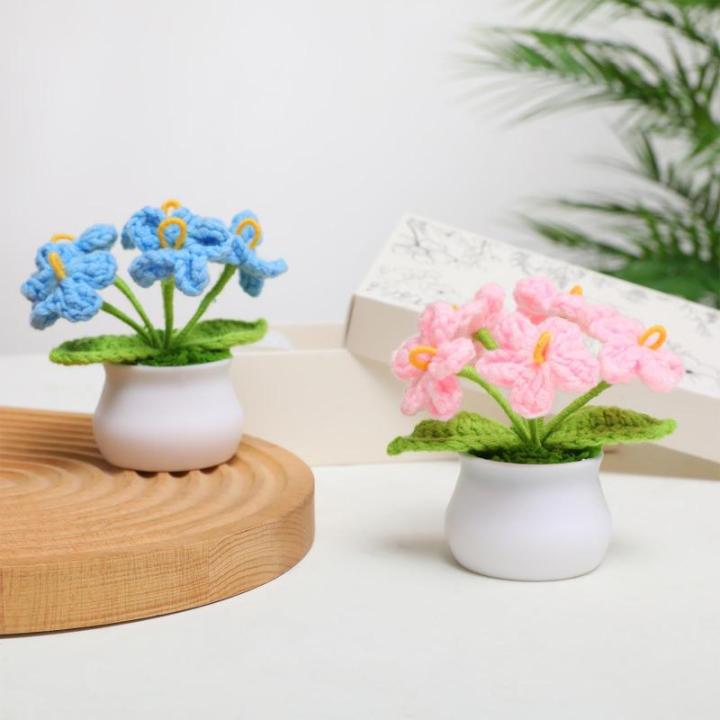 Kunstbloem, gehaakte bloemen, potplant, mini gebreide bloempot, kleine handgemaakte gehaakte bloem voor thuiskantoor tafeldecoratie, cadeau voor haar Valentijnsdag (1, blauwe bloem