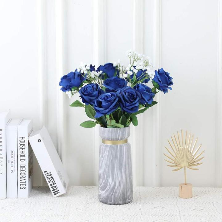 10 stuks zijden kunstrozen bloemen bruidsboeket bloemen (blauw)