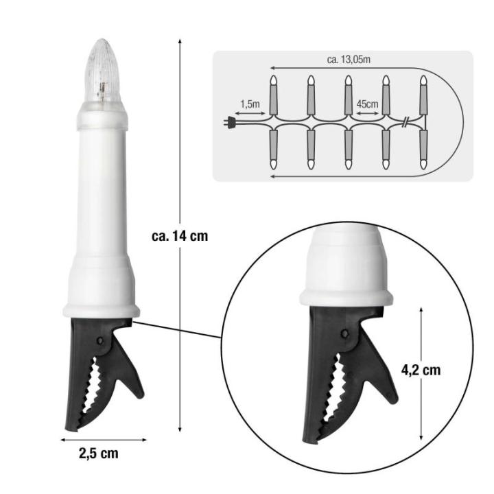 Kerstboom lichtketting voor buiten met stekker en clip, 30 kaarsen lichtketting kerstboom met warm wit licht, verlicht 13,5 m, voedingskabel 1,5 m, schacht wit kabel zwart 