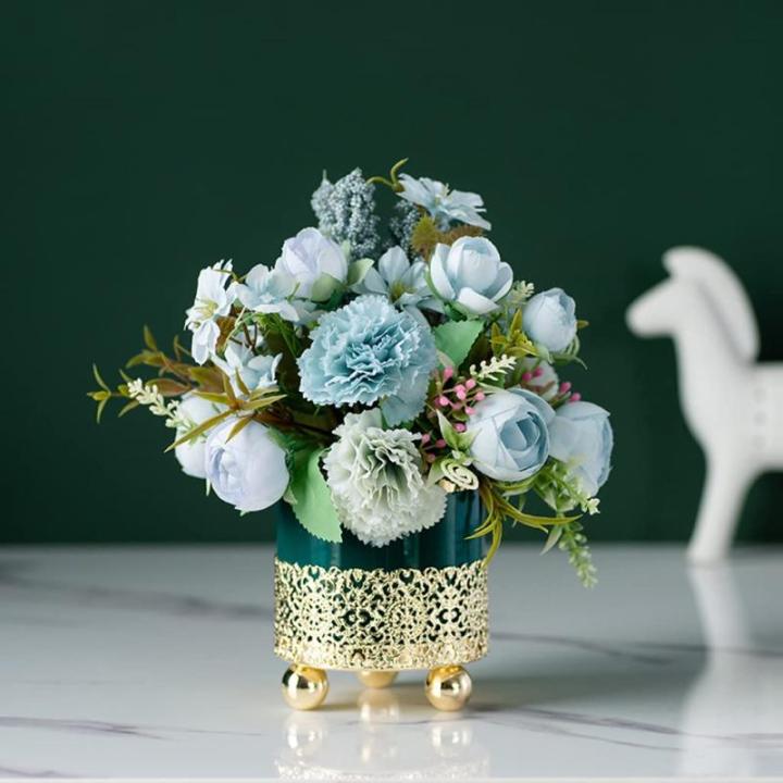 Kunstblumen Künstliche Seidenblumen mit Vase, gefälschte Blumenarrangements, Leichter Luxus-Metallständer, Keramiktopf für Zuhause, Hochzeitsdekoration für jeden Anlass