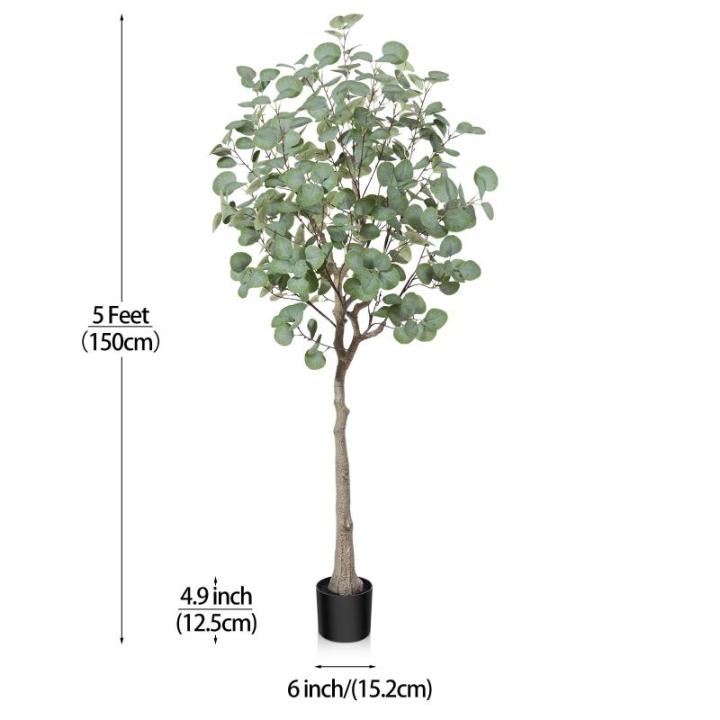 Kunstmatige eucalyptusboom, 150 cm, nep-eucalyptusboom met groene zilveren dollarbladeren, zijden faux eucalyptusboom met plastic kwekerijpot, voor thuiskantoor en binnendecoratie,