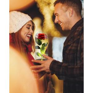 Die Schöne und das Biest Ewige Rose, Rote Galaxie Rose Geschenk für Mama, Rose in Einer Glaskuppel mit LED Licht Holzsockel für Freundin Frau am Muttertag Geburtstag Valentinsta
