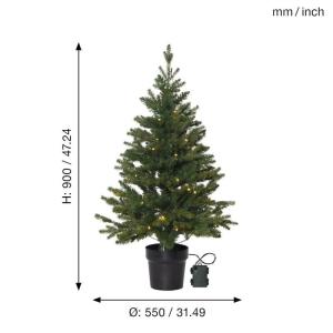 Trading Kunstkerstboom Byske, kleine dennenboom in groen met pot en led-lichtketting voor binnen en buiten, warmwit met timer, sensor, werkt op batterijen, hoogte: 90 cm, IP44