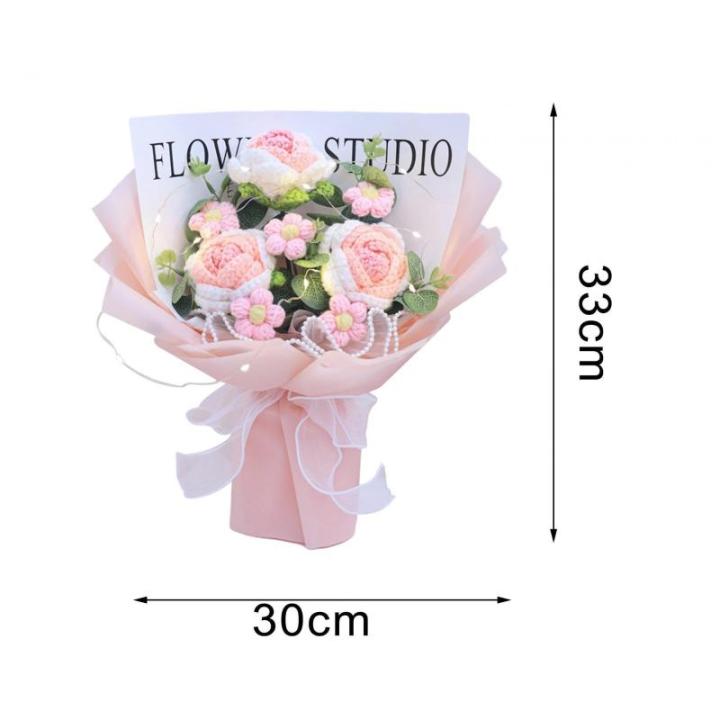 Gehäkelter Blumenstrauß mit Licht, Fertig Gestrickter Strauß, Kunstblume, Handgemachter Strickstrauß Zum Valentinstag, Rosa