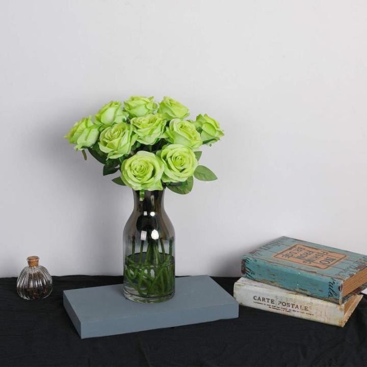 Kunstmatige Zijde Roos Bloem Enkele Stam Levensechte Nep Roos voor Bruiloft Boeket Bloemenarrangementen Huis Feest Bloemstuk Decoratie, 10 stuks (Groen)
