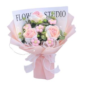 Gehäkelter Blumenstrauß mit Licht, Fertig Gestrickter Strauß, Kunstblume, Handgemachter Strickstrauß Zum Valentinstag, Rosa