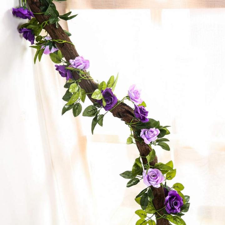 2 stuks 240 cm lange tweekleurige kunstrozenslinger-ranken, hangende zijden bloemen, voor buiten- en binnen, bruiloft- en muurdecoratie (paars)