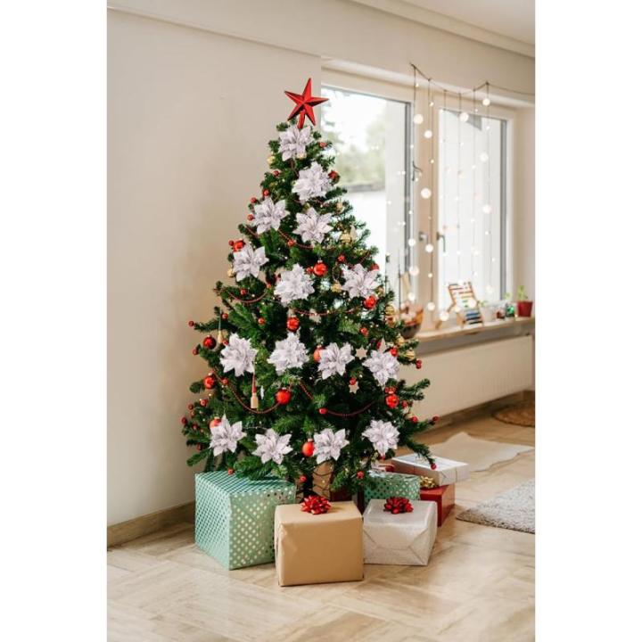 15 stuks 14 cm kerst kunstmatige kerstster bloemen glitter met clips stengels kerstboom ornamenten voor krans feest bruiloft Nieuwjaar decoratie (zilver)